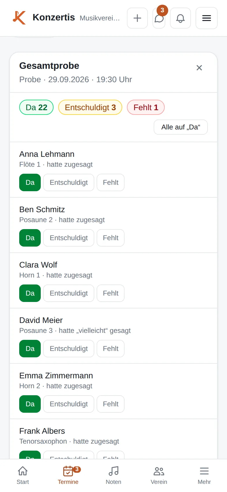 Anwesenheit einer Gesamtprobe am Handy: 22 da, 3 entschuldigt, 1 fehlt – je Person die Knöpfe Da, Entschuldigt und Fehlt und die Rückmeldung von vorher.