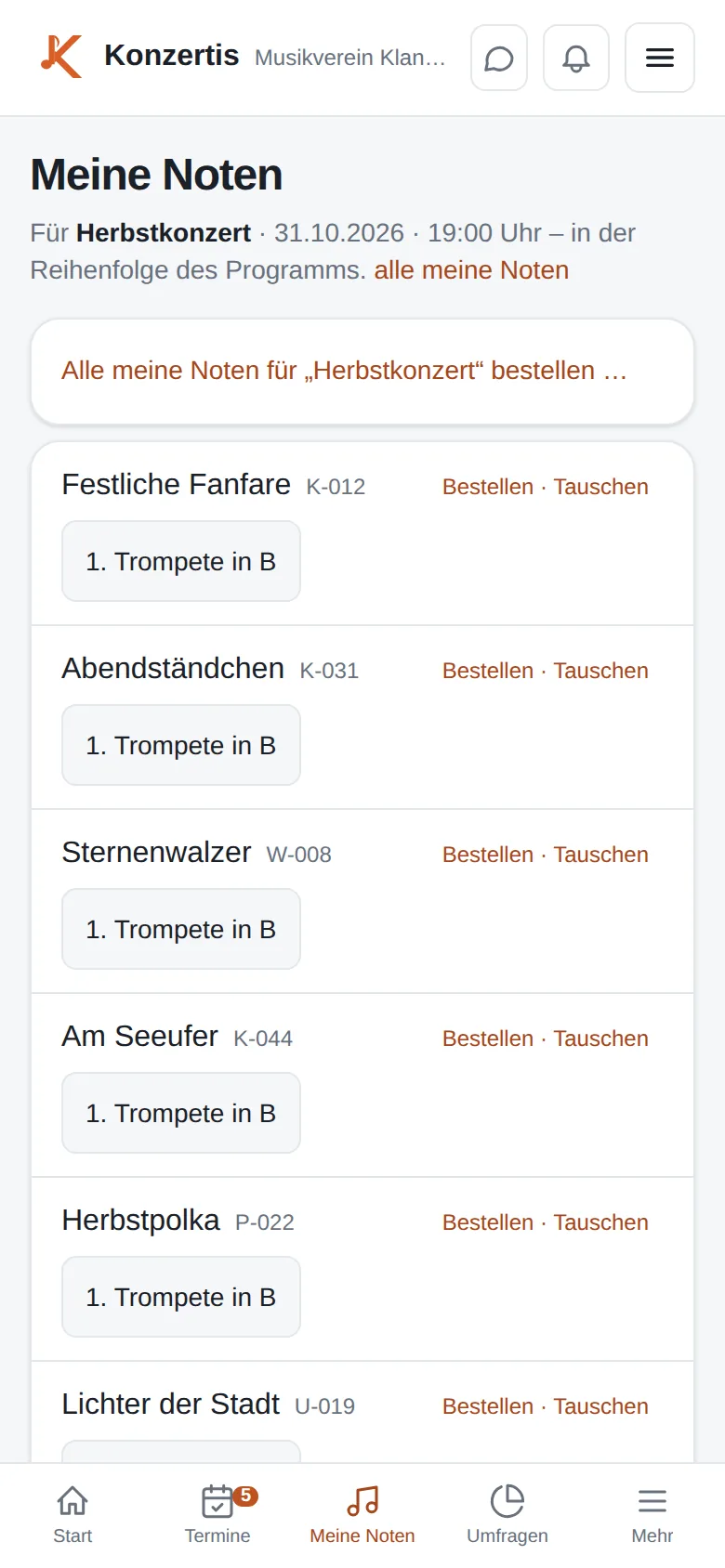 Meine Noten am Handy: fürs Herbstkonzert in der Reihenfolge des Programms je Stück die eigene Stimme, 1. Trompete in B, dazu Bestellen und Tauschen.