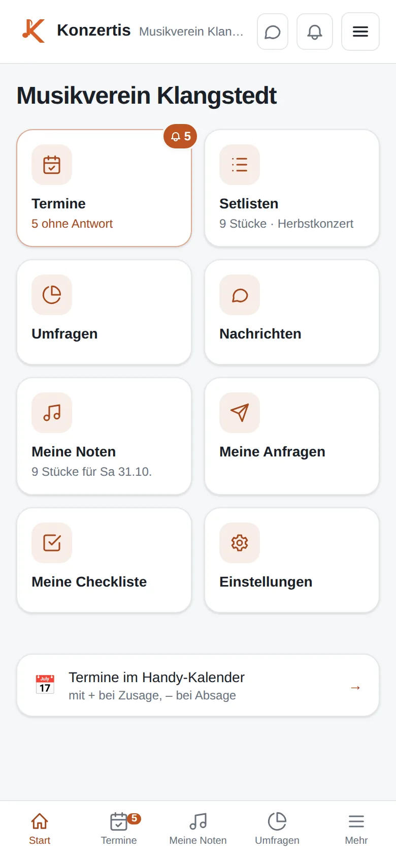 Konzertis am Handy: Termine mit fünf offenen Antworten, die Setliste fürs Herbstkonzert, Nachrichten und Meine Noten mit neun Stücken für Samstag.