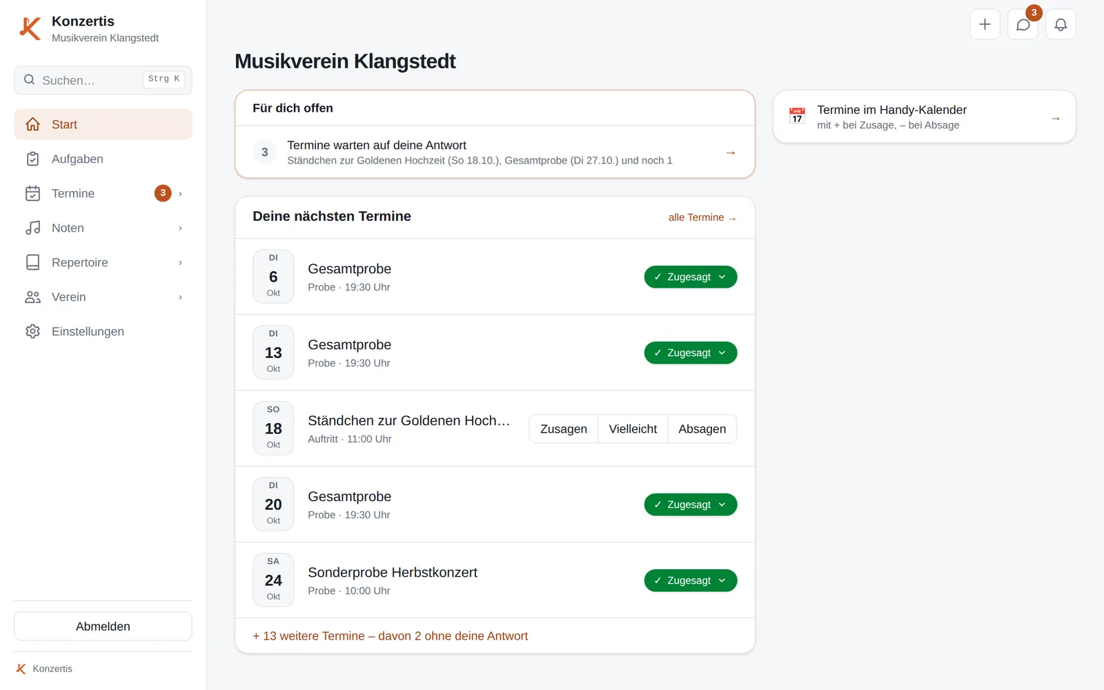 Die Startseite von Konzertis im Browser: drei Termine warten auf Antwort, darunter die nächsten Proben und ein Auftritt, jeweils mit Zu- und Absage.